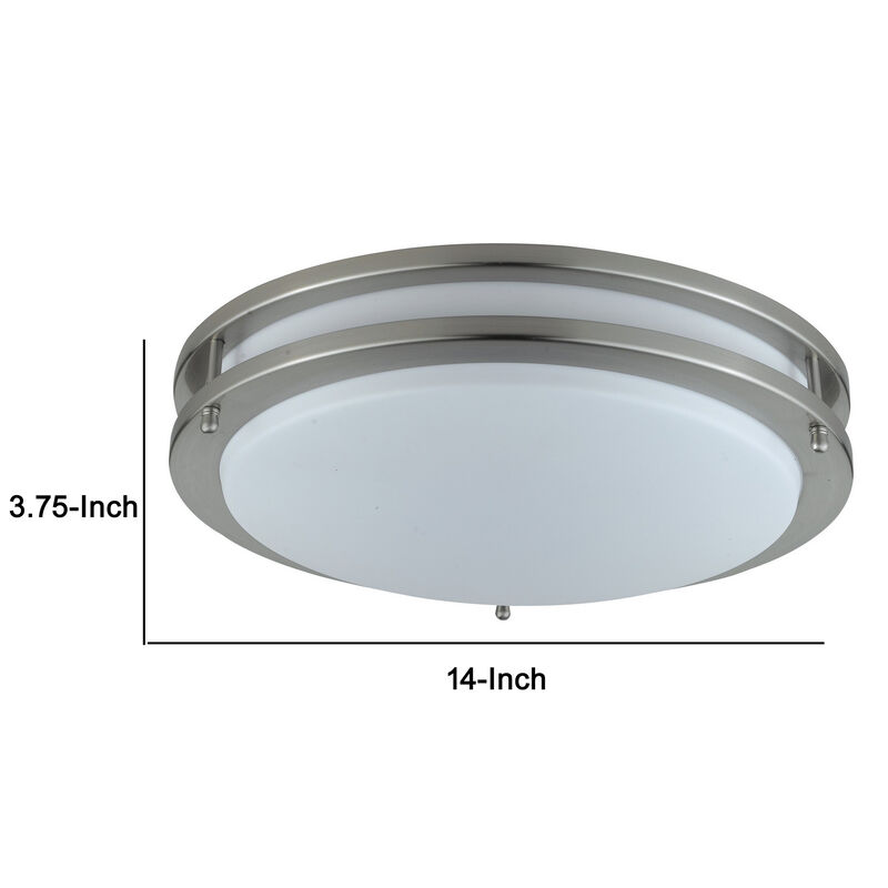 14 Inch Modern Ceiling Lamp with Frosted Acrylic Plate, Steel Trim, White-Benzara