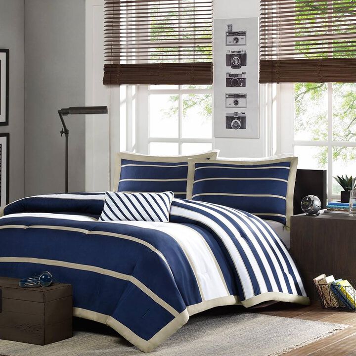 Hivvago Comforter Set in Navy Blue White Khaki Stripe