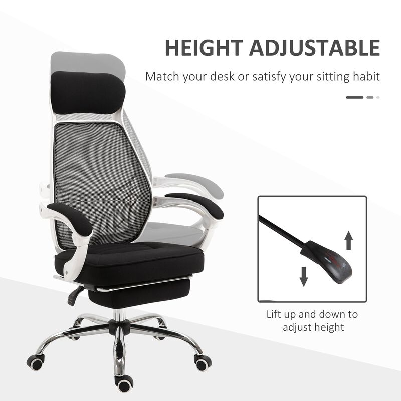 Black/White Executive Chair: High Back 360° Swivel Recliner with Footrest