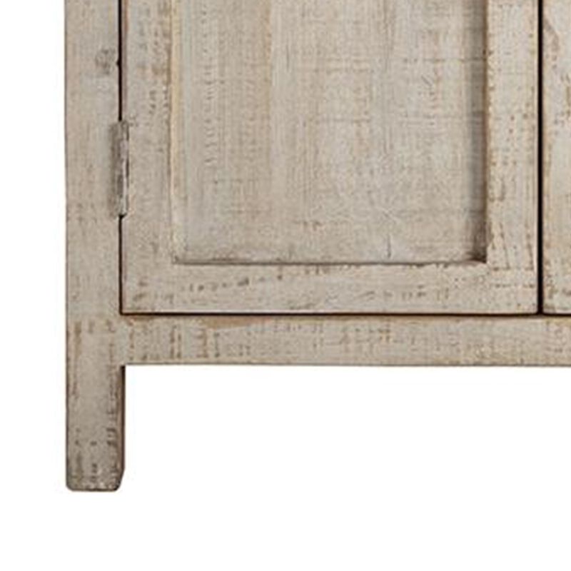 Lia Small Accent Cabinet, 2 Door, Drawer, Antique Style Whitewash Wood - Benzara