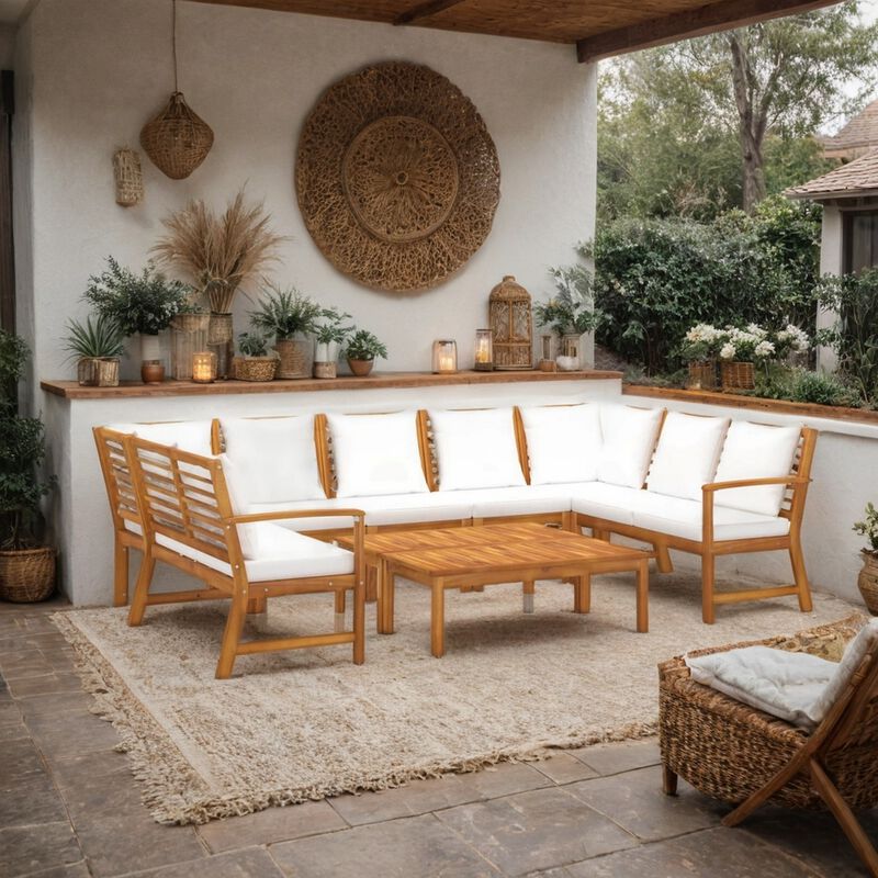 9pc Outdoor Patio Modular Sofa Set w Table, Solid Acacia Wood, White - Benzara