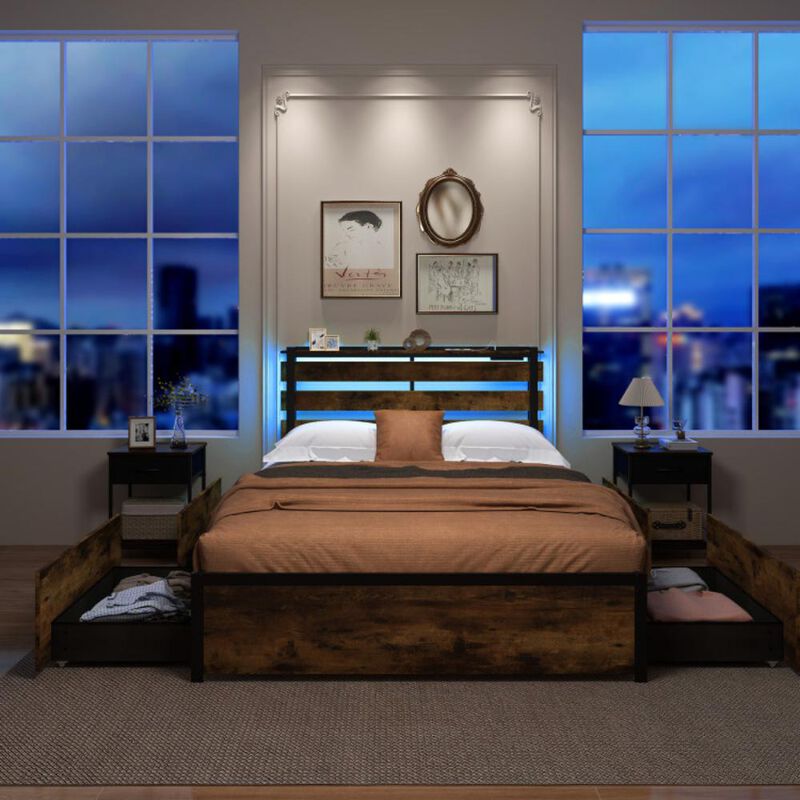 Hivvago Bed Frame with Drawers LED Lights and USB Ports