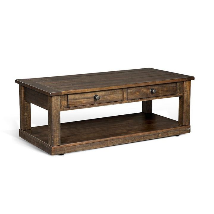Flint Coffee Table, 2 Drawers, Shelf, Dark Brown Mahogany, 48 Inch - Benzara