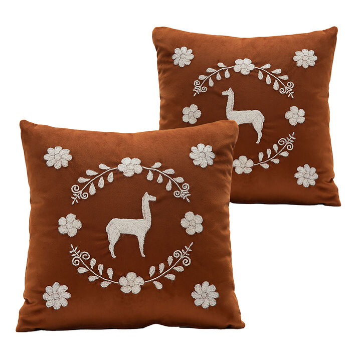LLAMA Hand Embroidered Decorative Pillows in Terracota Velvet by ANDEAN, Set of 2, In Stock