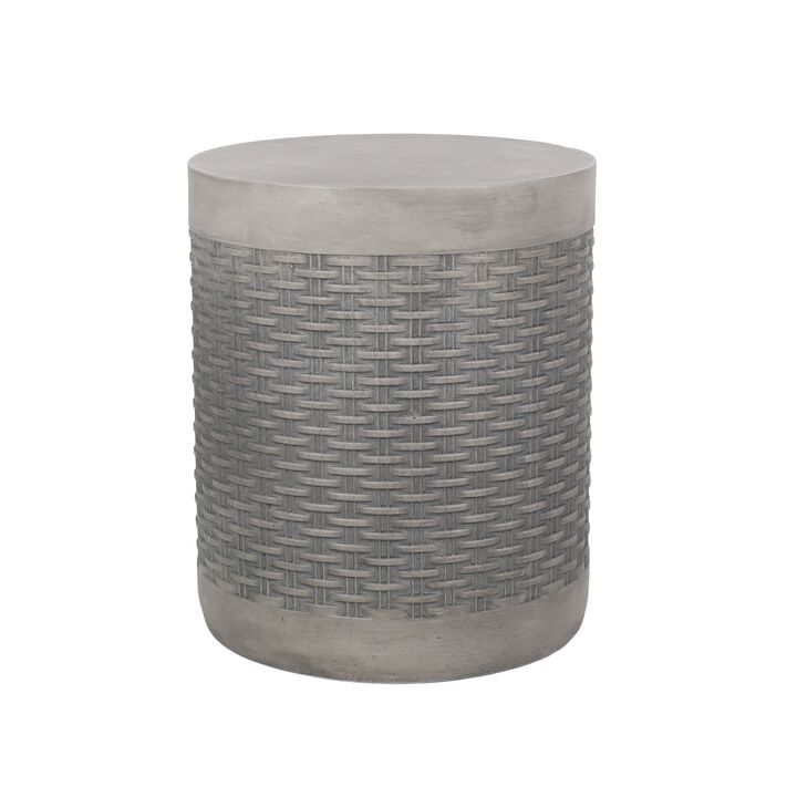 Outdoor Side End Table, Round Top Gray Faux Concrete, Round 16 Inch - Benzara
