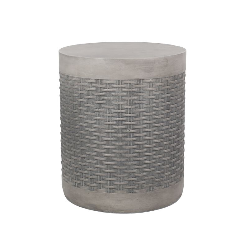 Outdoor Side End Table, Round Top Gray Faux Concrete, Round 16 Inch - Benzara