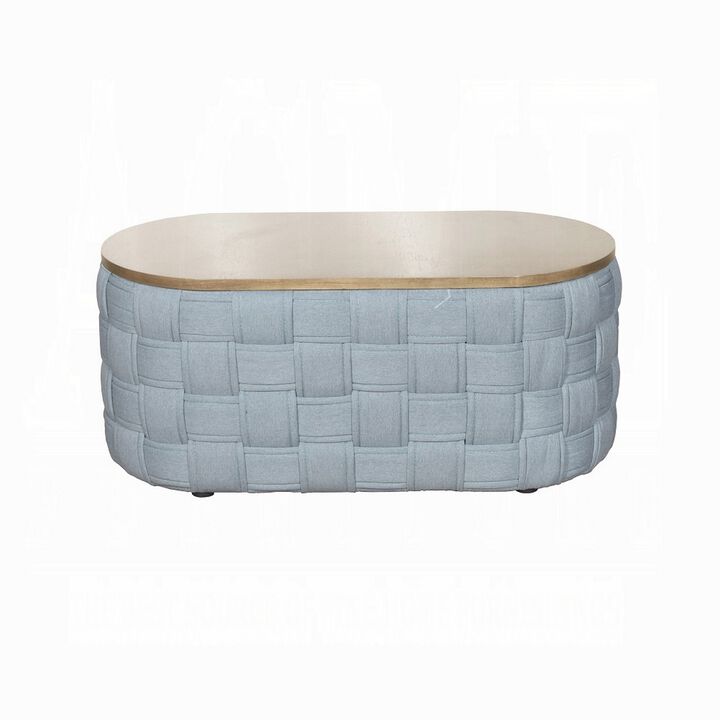 Reah Coffee Table, Knitted Light Blue Chenille, Brown Wood, 41 Inch - Benzara