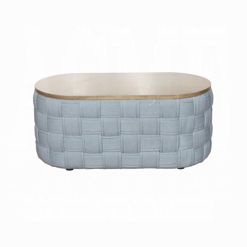 Reah Coffee Table, Knitted Light Blue Chenille, Brown Wood, 41 Inch - Benzara
