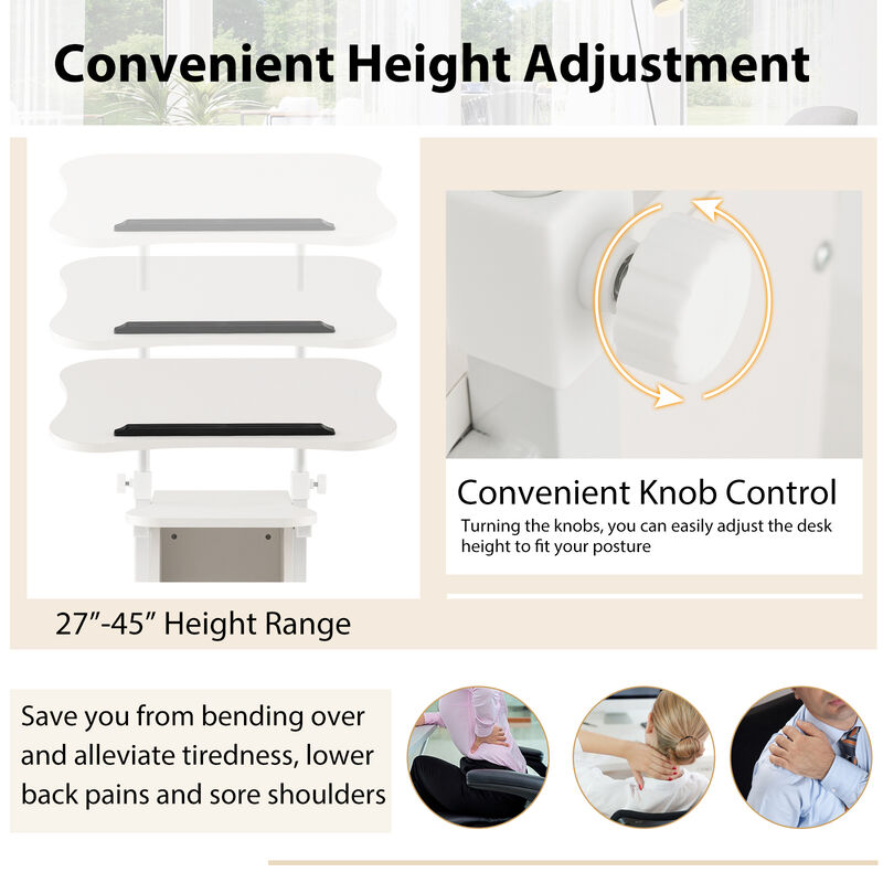 Adjustable Mobile Standing Desk Cart with Tilt Desktop and Cabinet