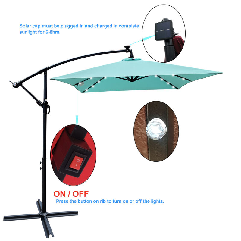 Solar Powered LED Patio Umbrella, 8 Ribs, Crank and Cross Base