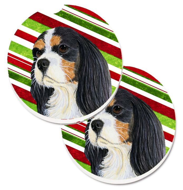 Caroline's Treasures Cavalier Spaniel Candy Cane Holiday Christmas Set of 2 Cup Holder Car Coasters LH9234CARC, 2.56, Multicolor