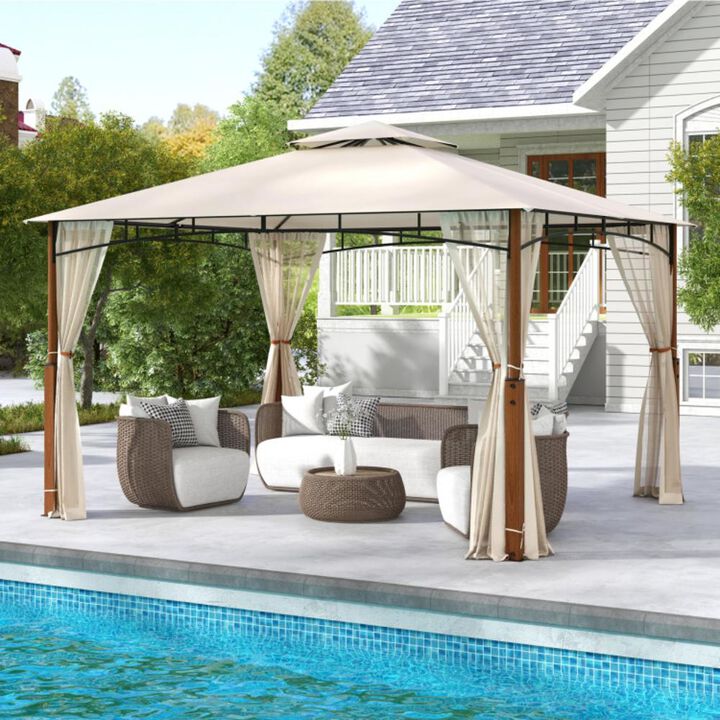 Hivvago 12 x 10 Feet Outdoor Patio Gazebo with Netting and 2-Tier Canopy Roof
