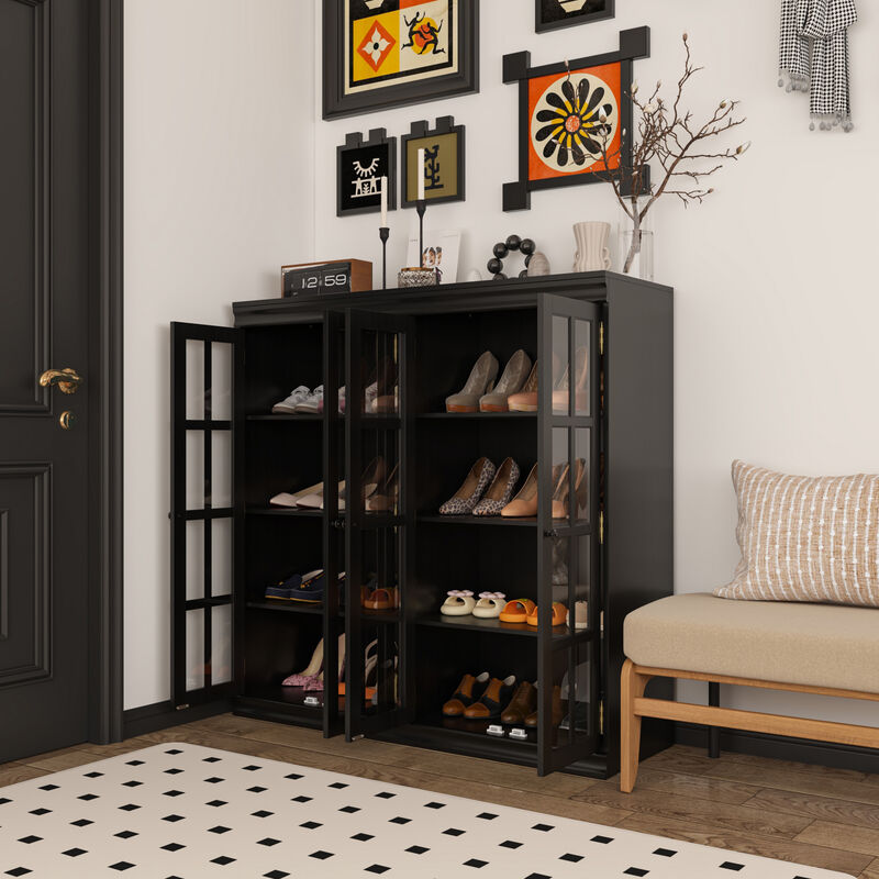 FUFU&GAGA Modern Black Shoe Cabinet with Glass Doors, Adjustable Shelves & Metal Handles (47.2" W x 15.7" D x 47.2" H), Black