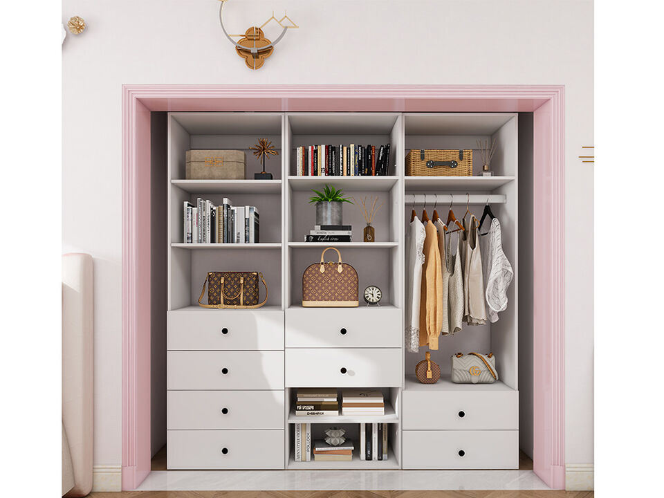 Tall Closet Organizer System, Closet System with 8 Drawers, Closet Organizer with Clothing Racks for Hanging Clothes, Walk in Closet Organizers and Storage with 9 Shelves