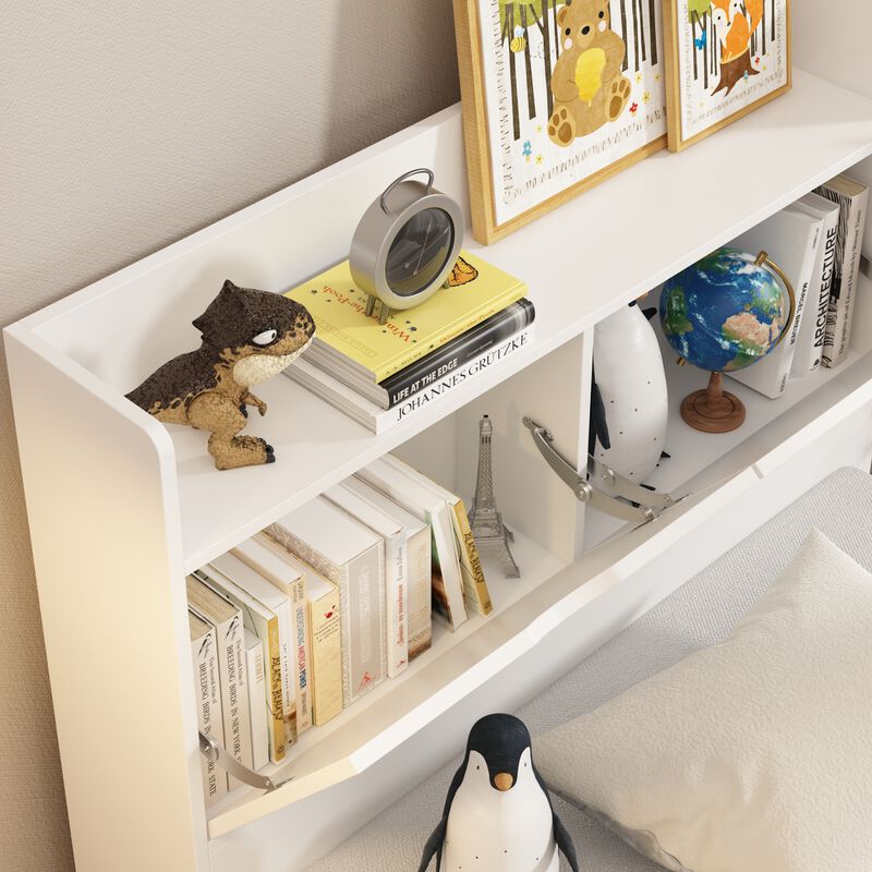 White Wood Frame Twin Bed Platform Bed Storage Bed with 3-Wheels Drawers and Headboard