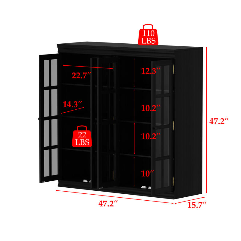 FUFU&GAGA Modern Black Shoe Cabinet with Glass Doors, Adjustable Shelves & Metal Handles (47.2" W x 15.7" D x 47.2" H), Black