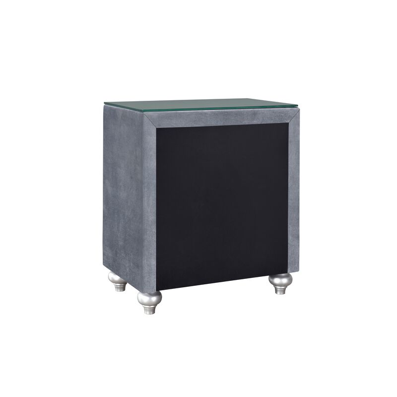 Yin 30 Inch 3 Drawer Nightstand, Glass Top, Crystal Knobs, Gray Velvet-Benzara