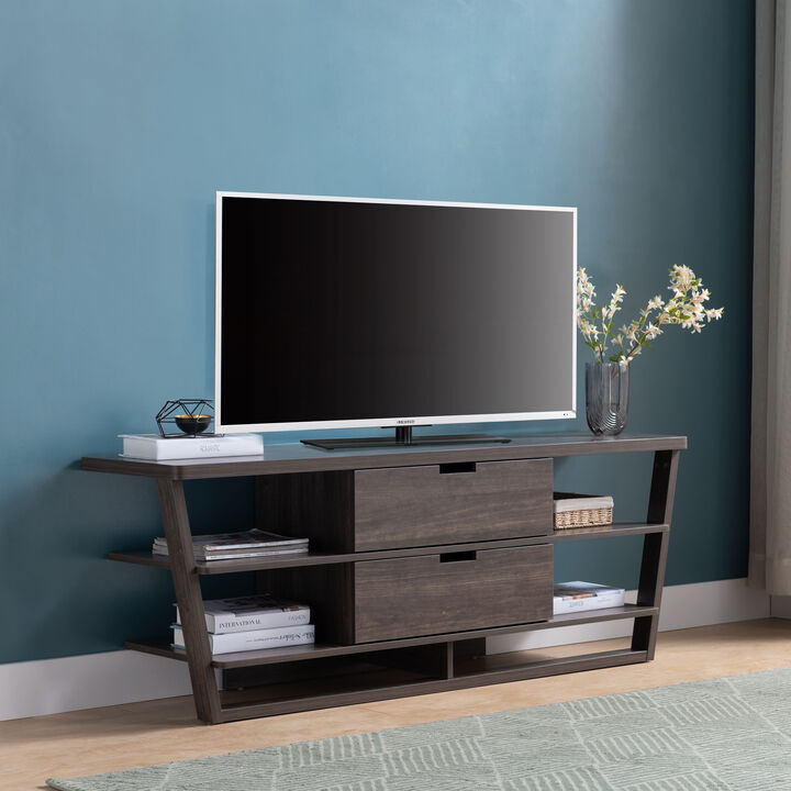 Brown Walnut TV Stand with 4 Shelves and 2 Drawers