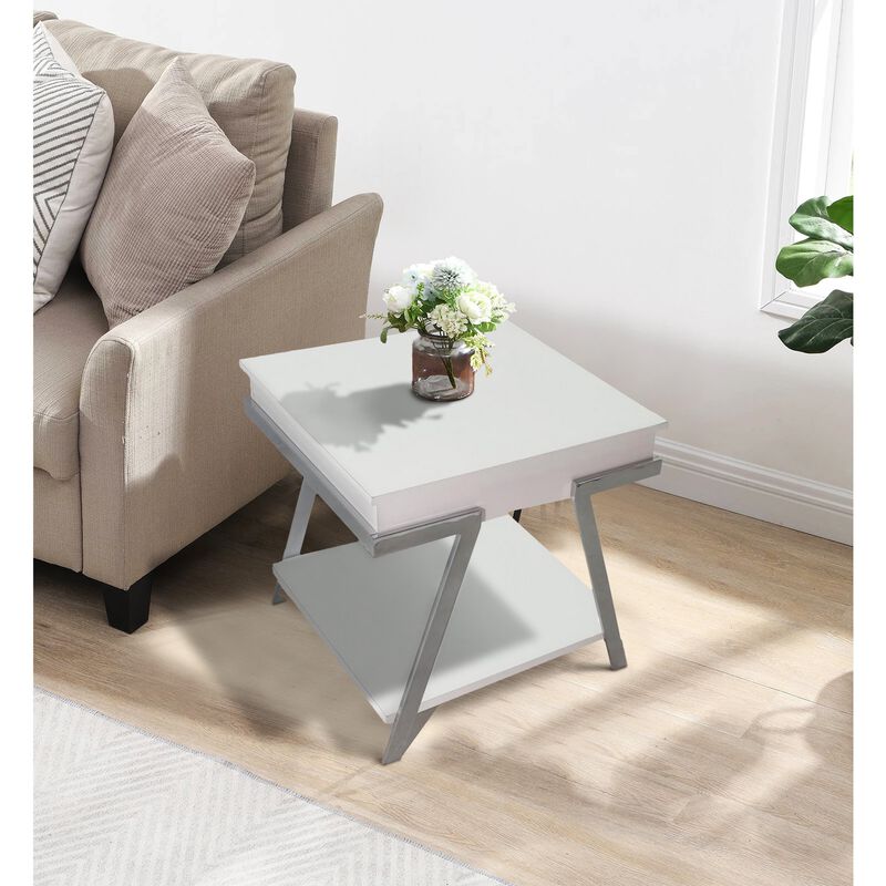 Casey 26 Inch End Table, Chrome Angled Metal Frame, Square Glossy White Top - Benzara