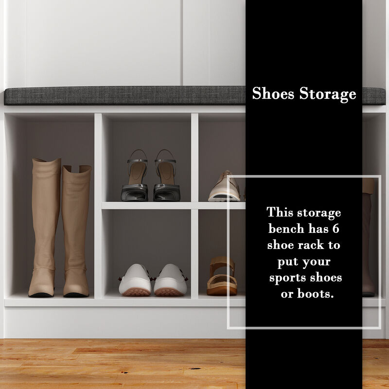65.4 in. W Wood Hall Trees Coat Rack in White With Shoe Bench, Bag Shoe Storage Adjustable Shelves, 3-Double Hooks