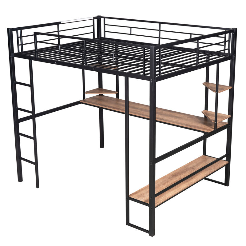 Full Size Loft Metal MDF Bed With Long Desk And Shelves