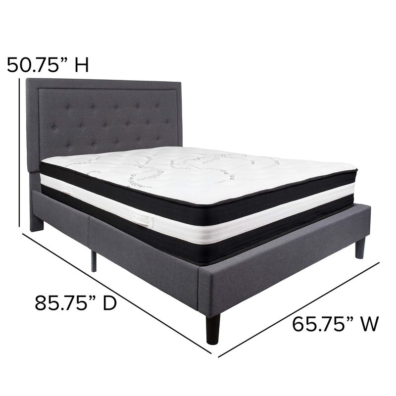 Roxbury Queen Size Tufted Upholstered Platform Bed in Dark Gray Fabric with Pocket Spring Mattress