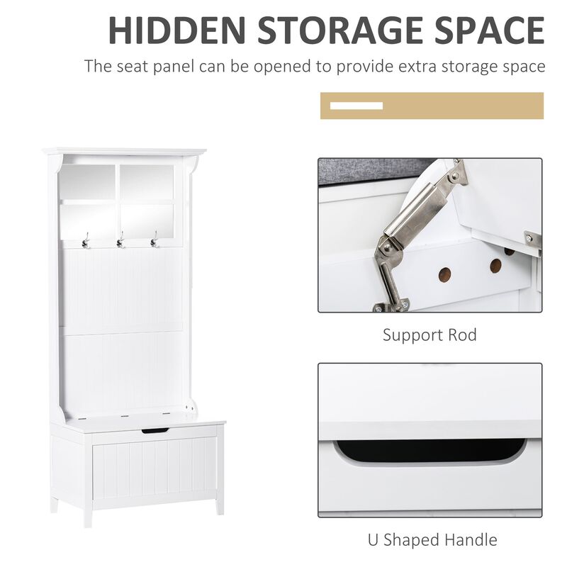 White Entryway Solution: 4-in-1 Coat Rack Shoe Bench with Mirror