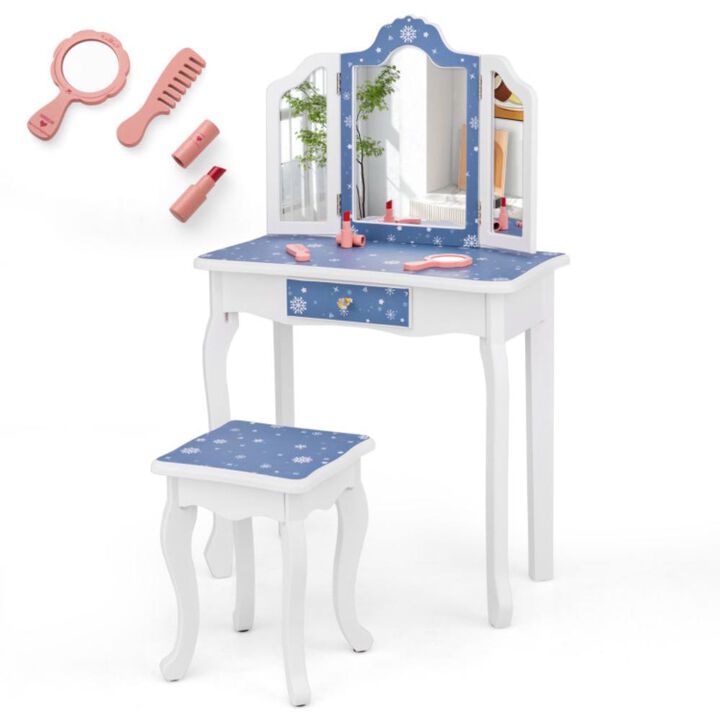 Hivvago Princess Pretend Play Makeup Table and Stool Set with Tri-folding Mirror