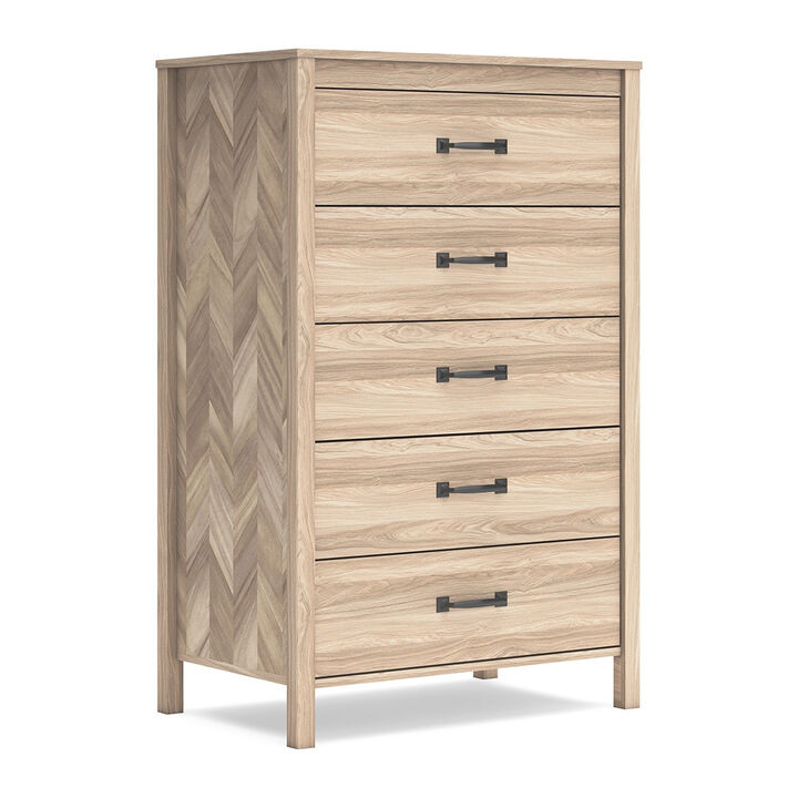 Bette Tall Dresser Chest, 5 Drawers, Light Oak Brown Finish, 60 Inch - Benzara
