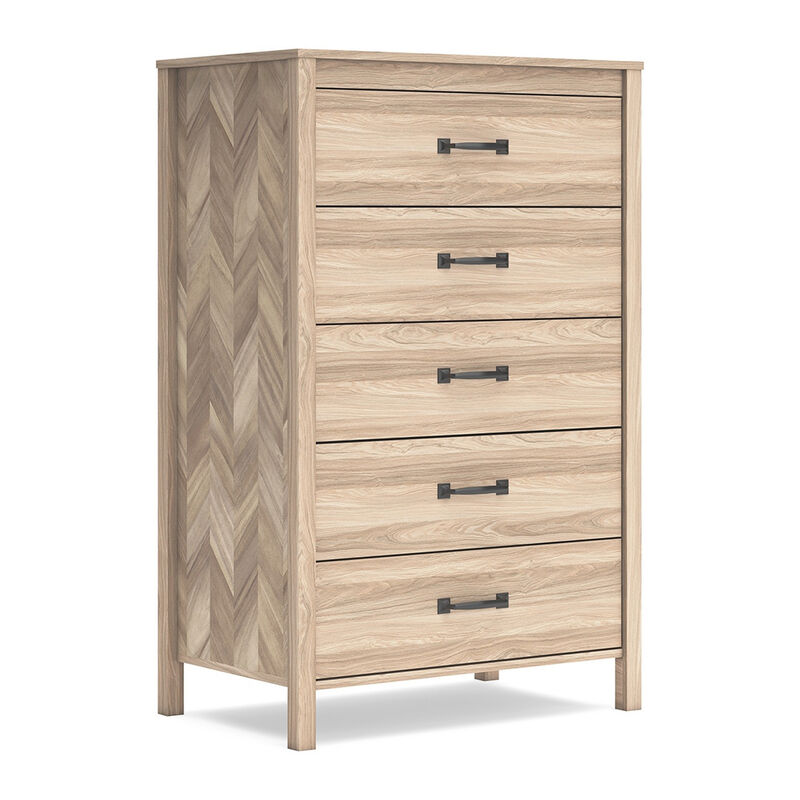 Bette Tall Dresser Chest, 5 Drawers, Light Oak Brown Finish, 60 Inch - Benzara