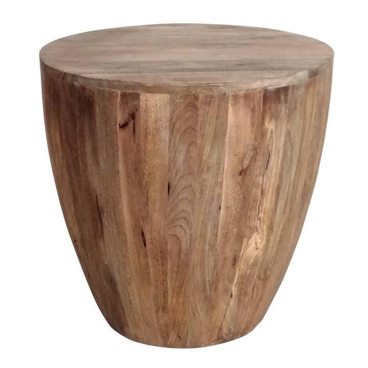 Handcarved Cylindrical Shape Round Mango Wood Distressed Wooden Side End Table, Brown-Benzara