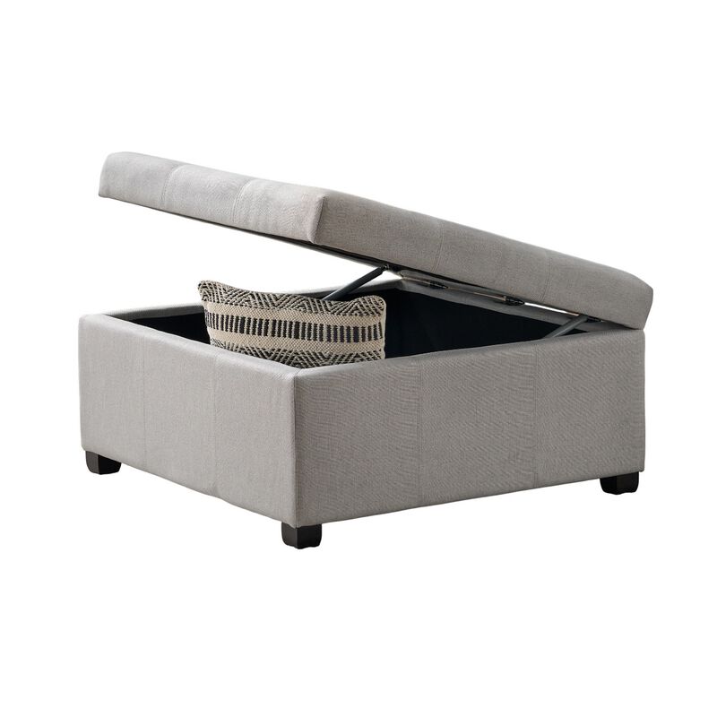 Jyan Square Ottoman, Hidden Storage, 35 Inch, Gray Fabric, Birch Wood - Benzara