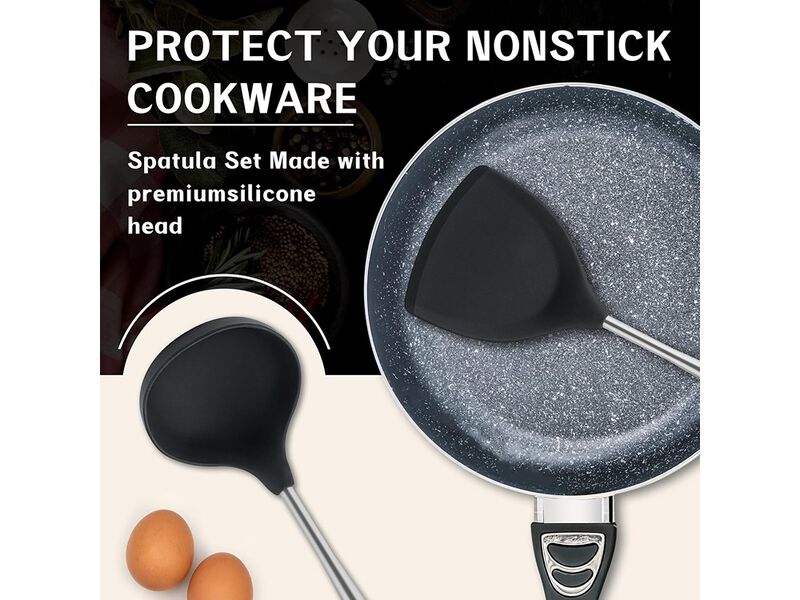 FJNATINH Silicone Wok Spatula and Ladle Tool Set,Stainless Steel Non Stick Heat-Resistant Kitchen Utensils