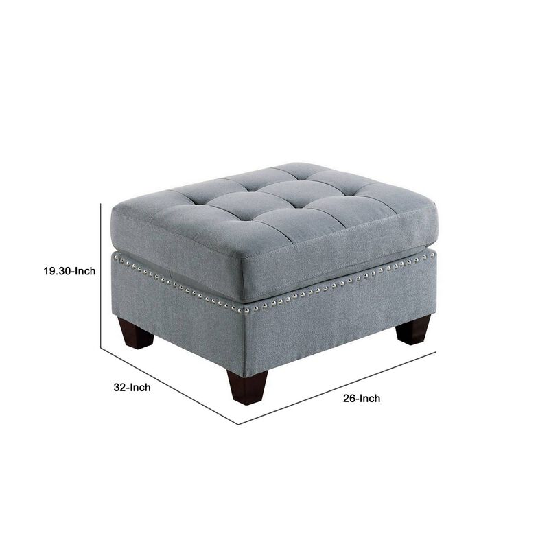 Pali 32 Inch Modern Square Ottoman, Foam Tufted Seat, Gray Linen Fabric-Benzara
