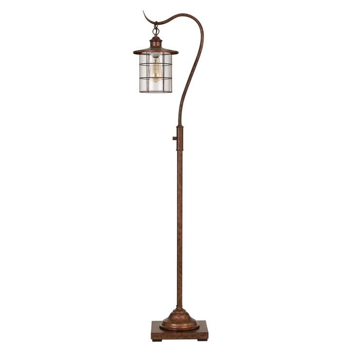 60 Inch Metal Downbridge Design Floor Lamp with Caged Shade, Rustic Bronze-Benzara