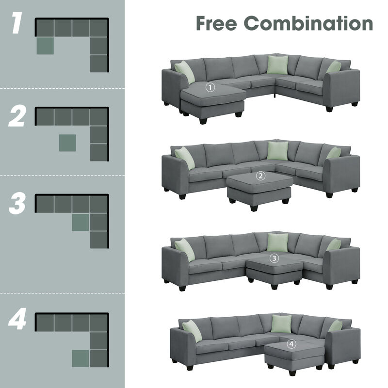 7-Seat L-Shaped Modular Sectional Sofa Set, Grey