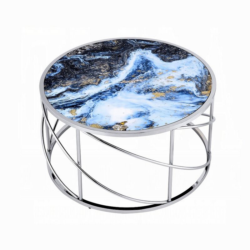 Shira Round Coffee Table, 33 Inch, Open Chrome Base, Blue Faux Marble - Benzara