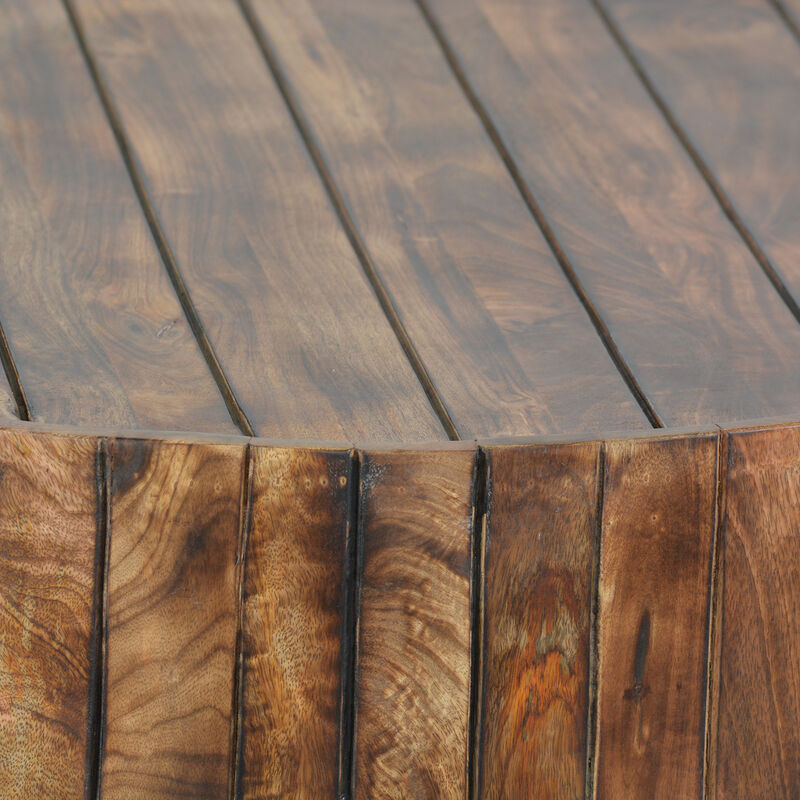 34 Inch Handmade Wooden Round Coffee Table with Plank Design, Burned Brown-Benzara