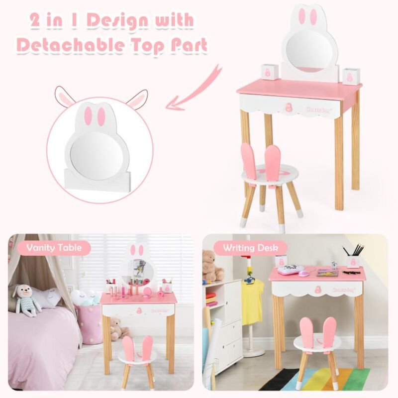 Hivvago Kids Vanity Set Rabbit Makeup Dressing Table Chair Set with Mirror and Drawer