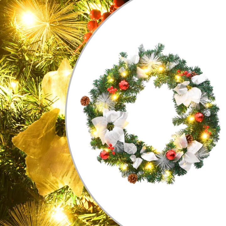 vidaXL 23.6" Christmas Wreath with LED Lights and Decorative Baubles - Green, Silver & Red - PVC Material - Indoor/Outdoor Use