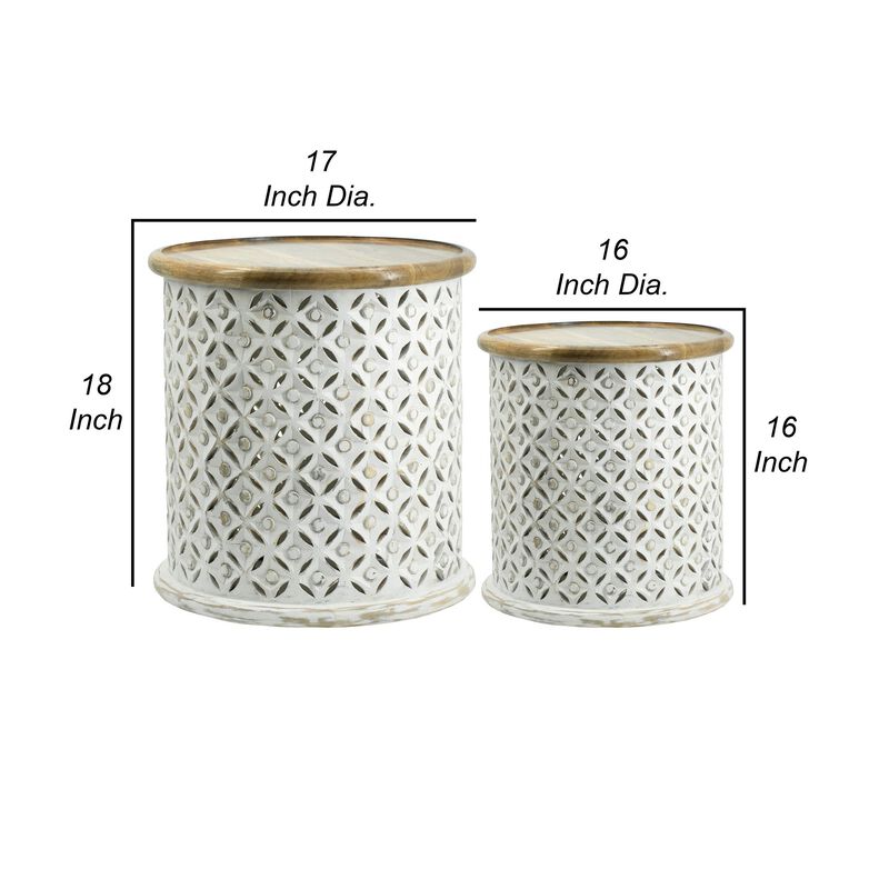 18, 16 Inch Accent Tables, Round, Mango Wood, Floral Cut Out, Brown, White - Benzara