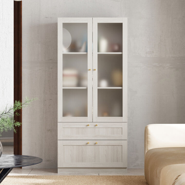 FUFU&GAGA Modern White Bookcase with Adjustable Shelves and Spacious Storage (31.5" W x 70.9" H x 15.7" D), Wood Grain Finish with Brass Pull Handles