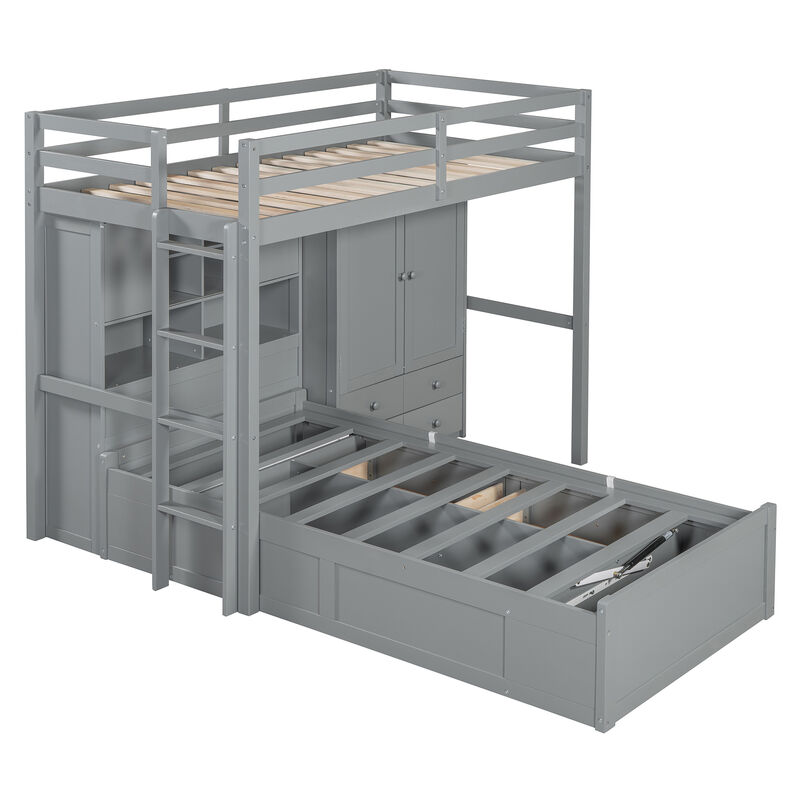 Merax Twin Bunk Bed with Wardrobe and Hydraulic Bed