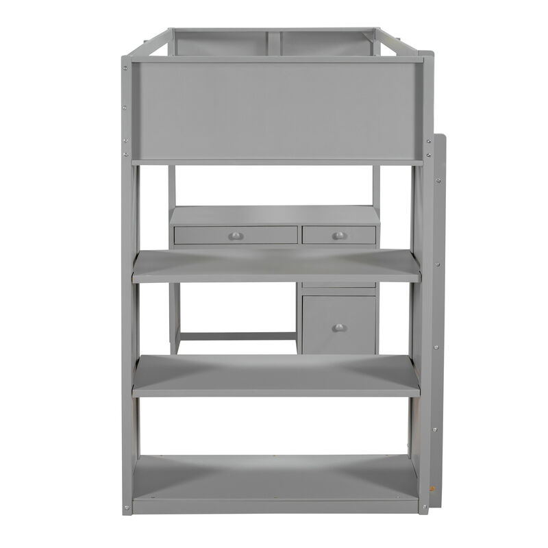 Loft Bed with Ladder Space-Saving Design with Built-In Shelves & Desk