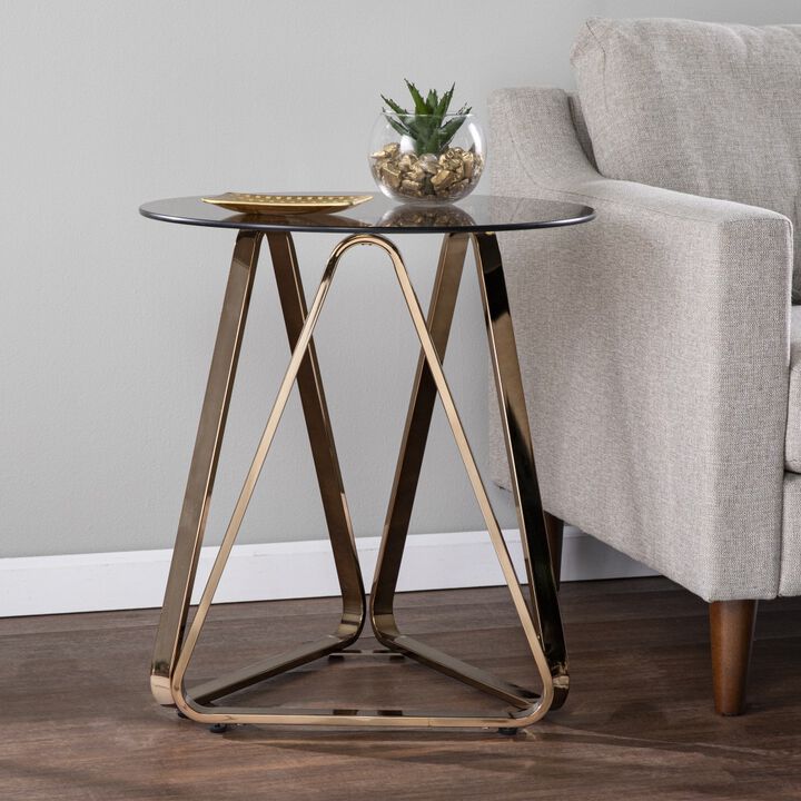 24"" Champagne Glass And Iron Round End Table