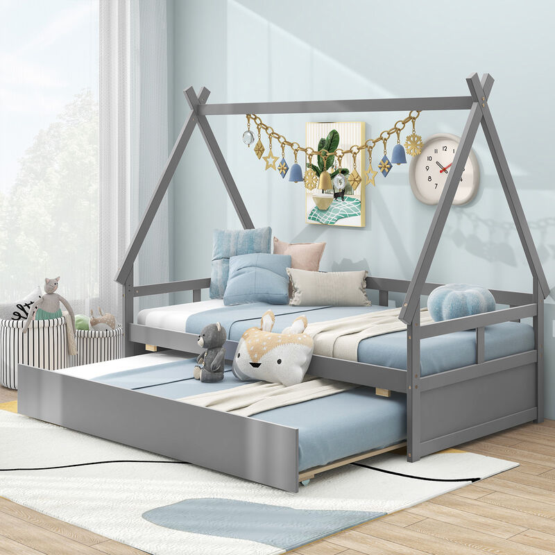House Bed with Trundle and Safety Guardrail