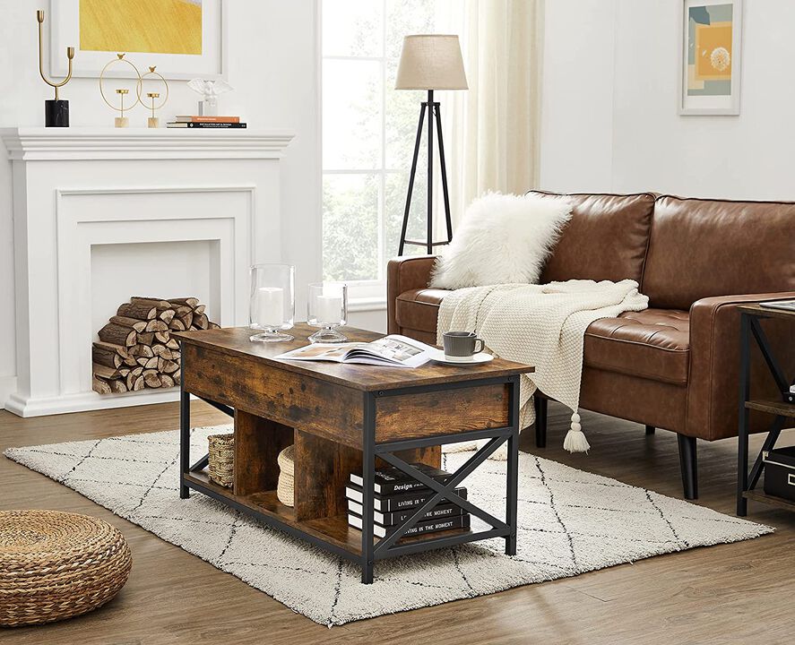 Modern Lift Top Coffee Table - Hidden & Open Compartments with X-Shaped Steel Frame