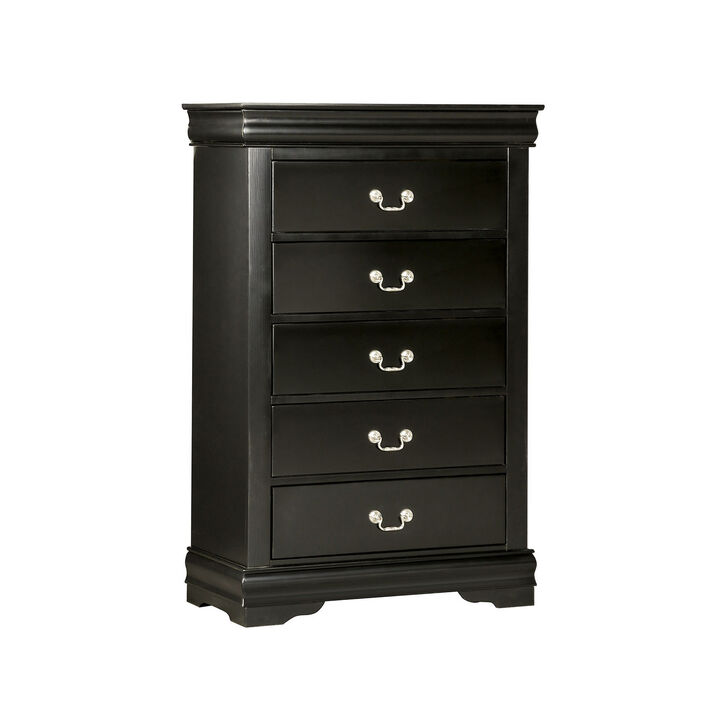Ryla Tall Dresser Chest, 5 Drawers, Nickel Metal Handles, Black Solid Wood