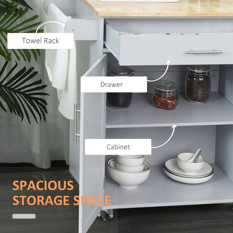 Gray Mobile Kitchen: Rolling Cart Island with Drawer and Towel Rack