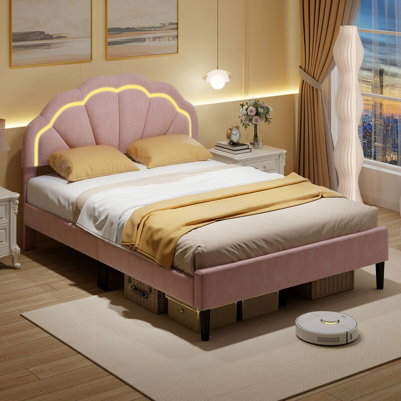 Upholstered LED Bed Frame with Adjustable Flower Headboard